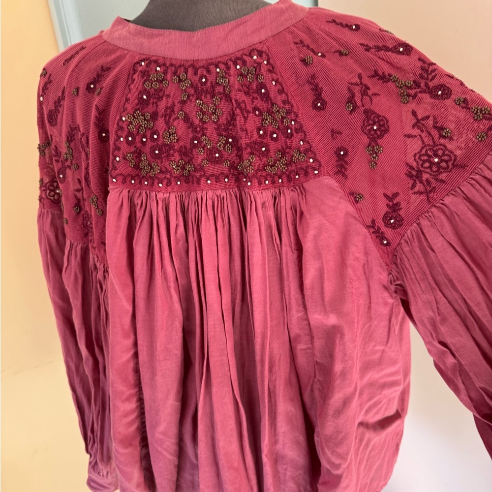 Free People Red Embellished Long Sleeve Blouse